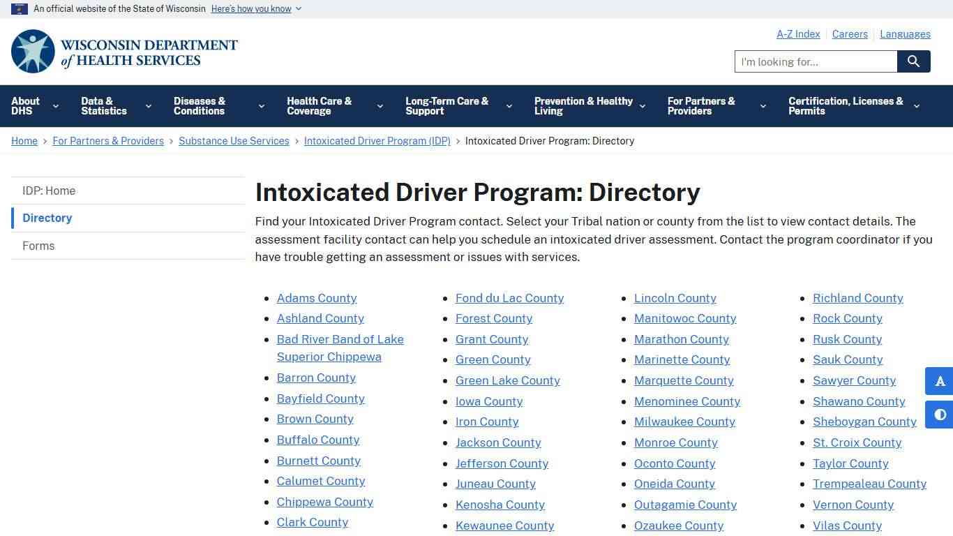 Intoxicated Driver Program: Directory | Wisconsin Department of Health Services